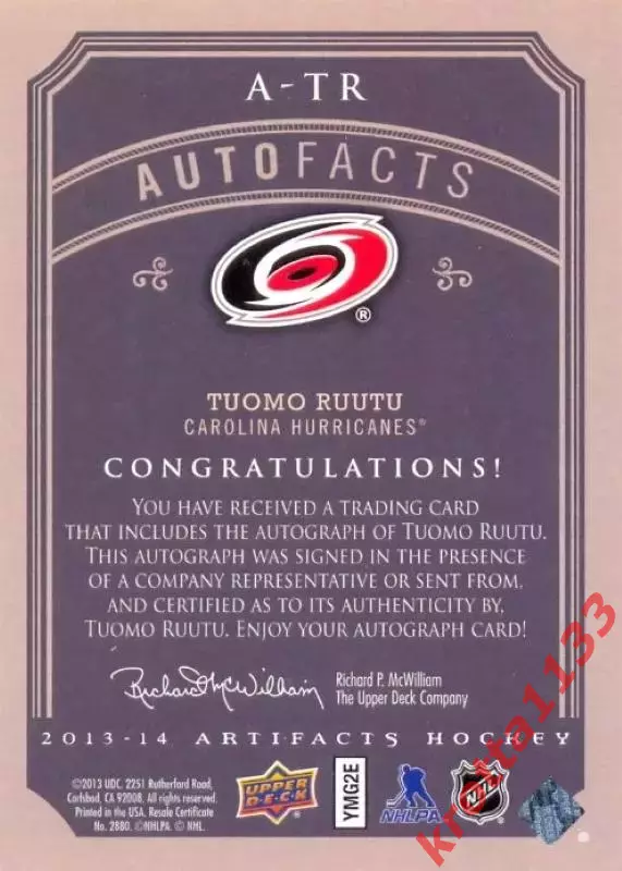 Tuomo Ruutu Carolina Hurricanes Upper Deck Artifacts 2013-2014 1