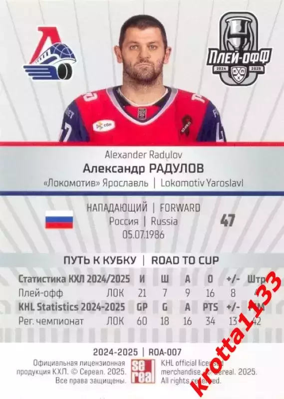 Александр Радулов Локомотив Ярославль SeReal Карточки КХЛ 2024-2025 Premium 1