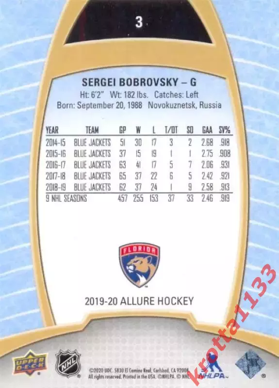 Sergei Bobrovsky Florida Panthers Upper Deck Allure Hockey 2019-2020 1