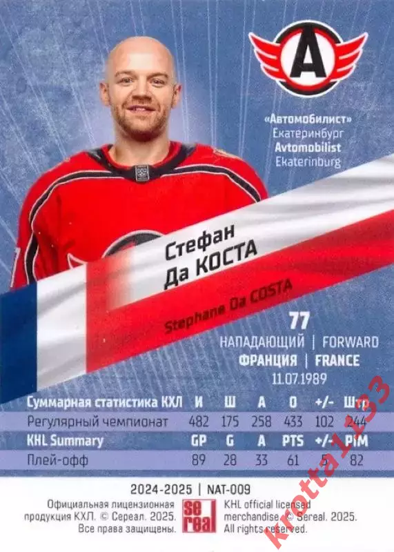 Стефан Да Коста Автомобилист Екатеринбург SeReal Карточки КХЛ 2024-2025 Premium 1
