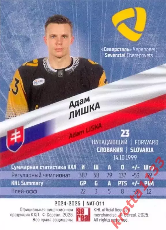 Адам Лишка Северсталь Череповец SeReal Карточки КХЛ 2024-2025 Premium 1