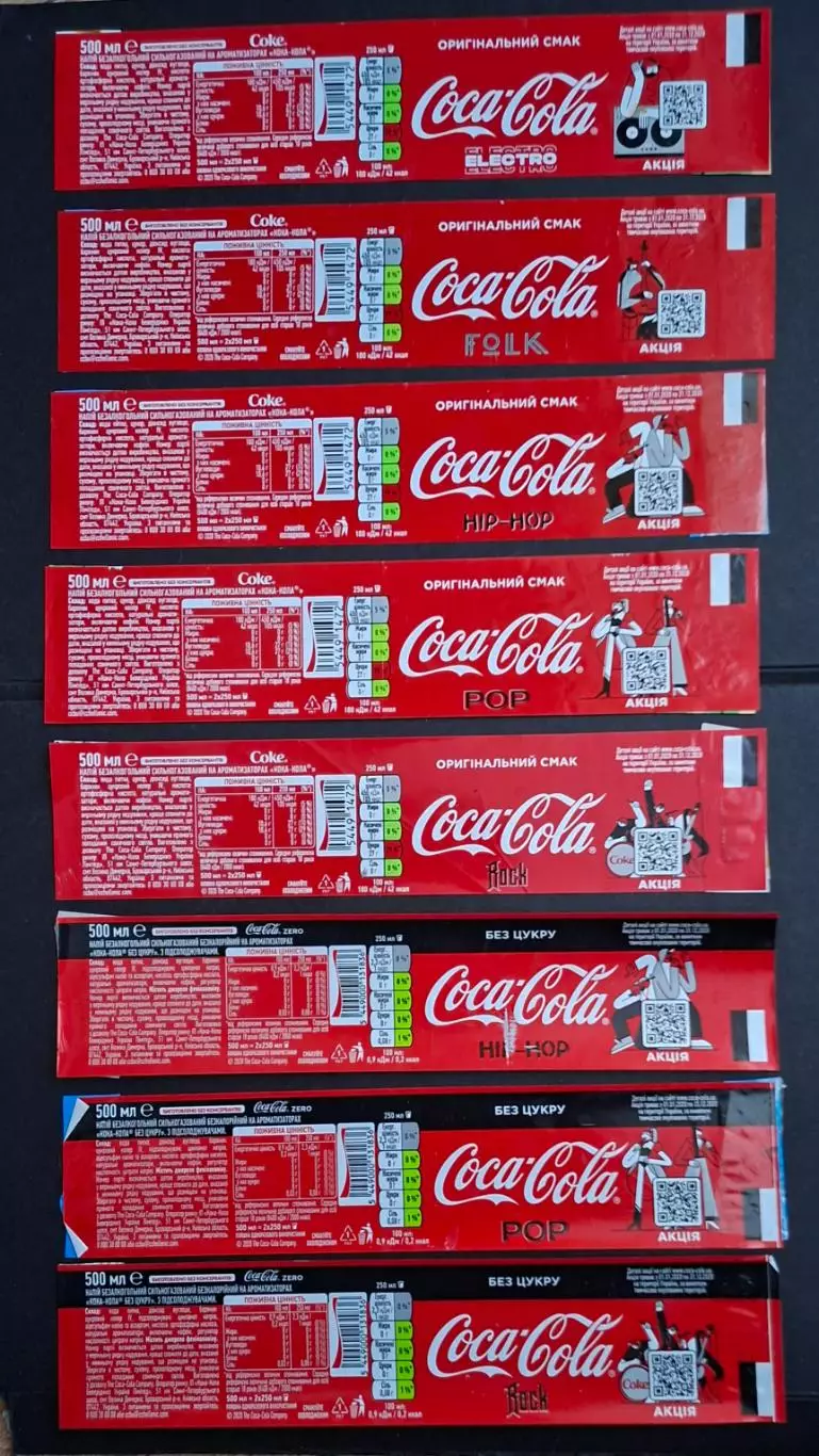 Етикетки Coca - Cola Музика Ем.- 0,5л. (8 шт.)