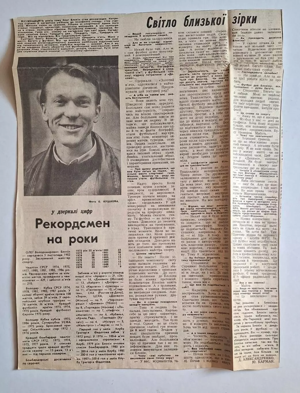 Вирізка Спортивна газета Олег Блохін