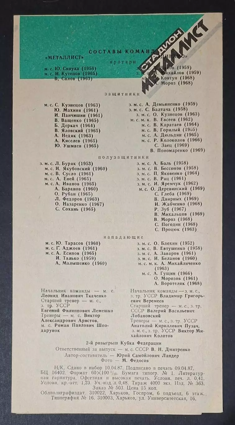 Металіст Харків - Динамо Київ 17.04.1987 Кубок федерації 3