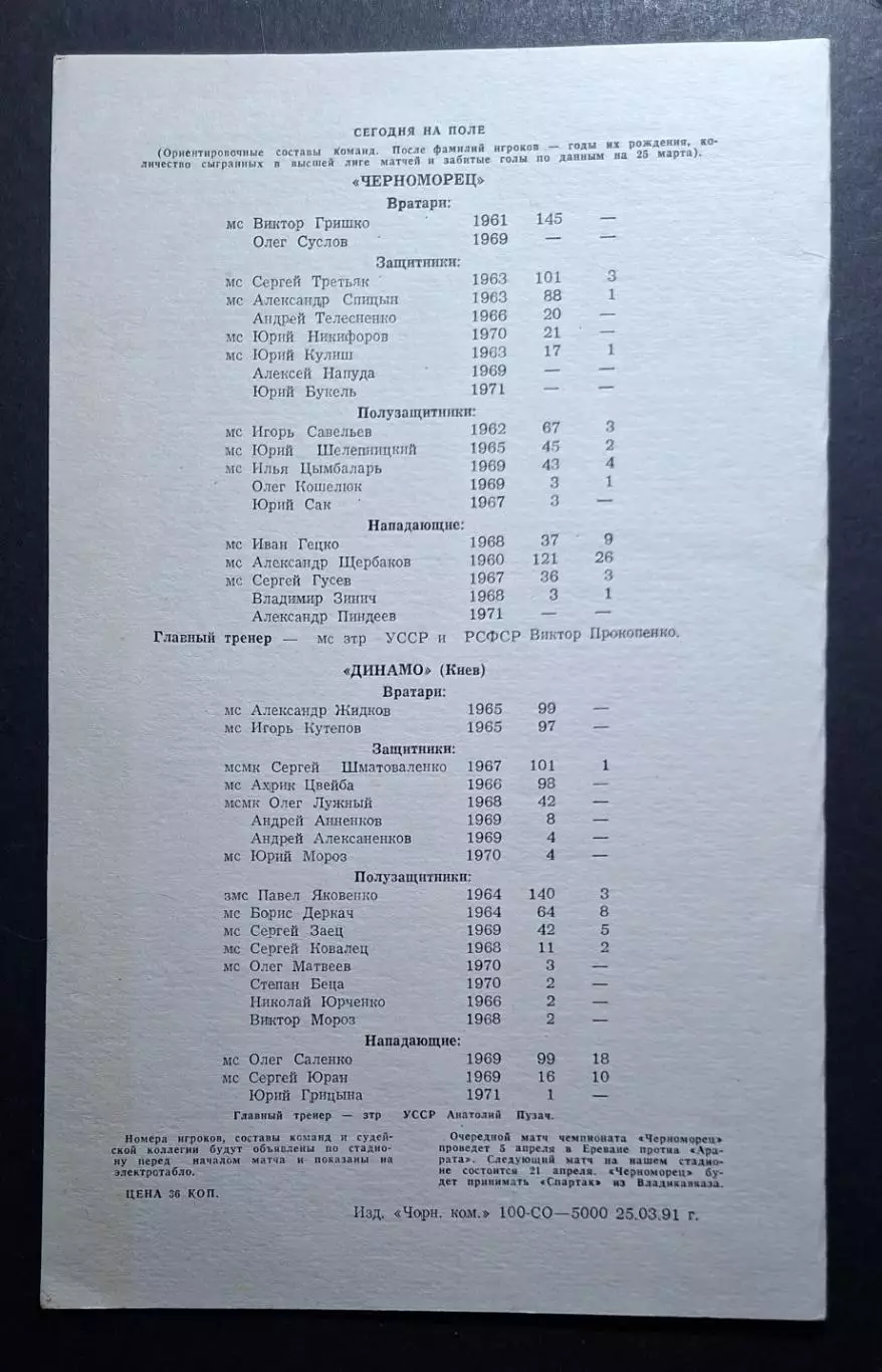 Чорноморець Одеса - Динамо Київ 31.03.1991 Чемпіонат СРСР 2