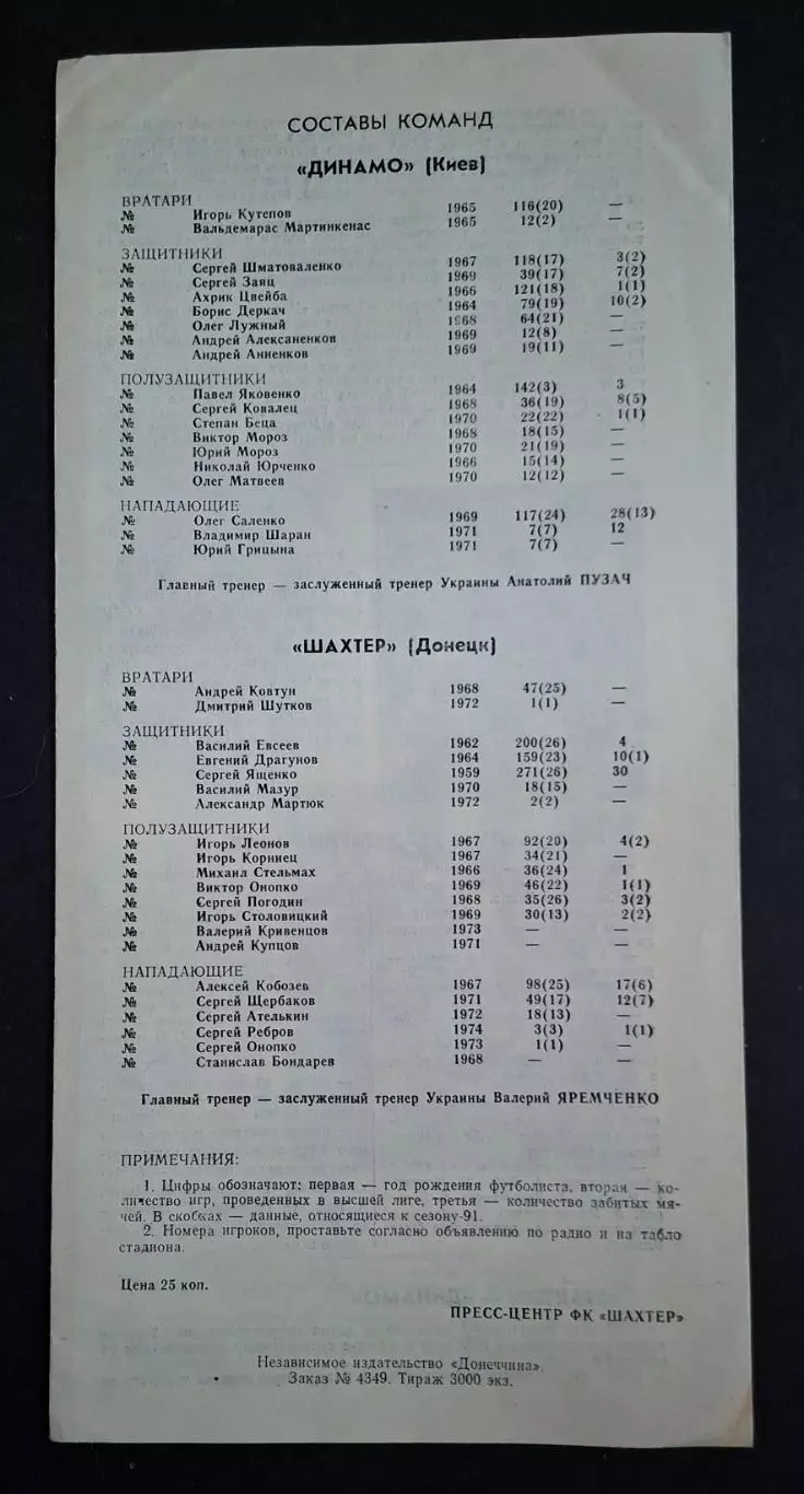 Шахтар Донецьк - Динамо Київ 27.10.1991 Чемпіонат СРСР 3