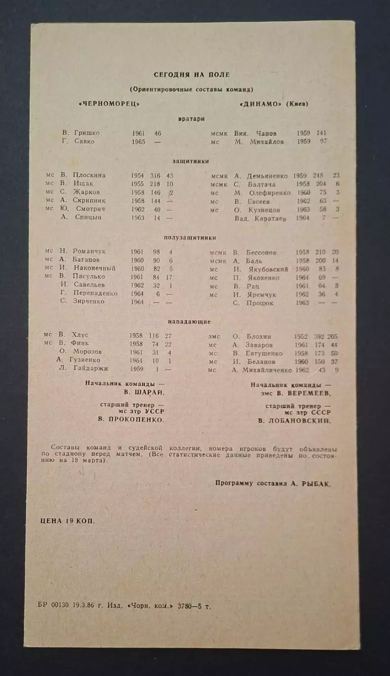 Чорноморець Одеса - Динамо Київ 29.03.1986 Чемпіонат СРСР 3