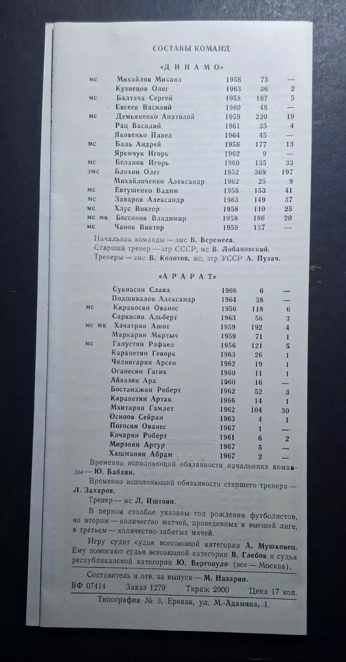 Арарат Єреван - Динамо Київ 16.06.1985 Чемпіонат СРСР 1
