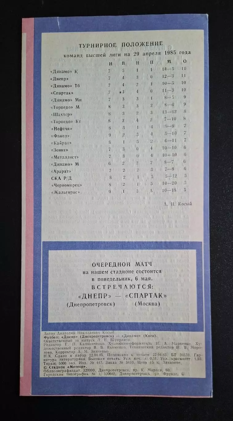 Дніпро Дніпропетровськ - Динамо Київ 30.04.1985 Чемпіонат СРСР 3