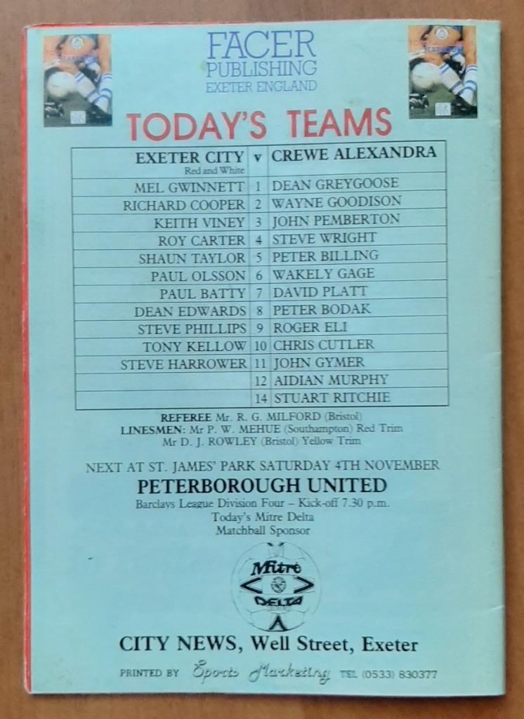 Exeter City - Crewe Alexandra 24.10.1987 Division Four Англия 2