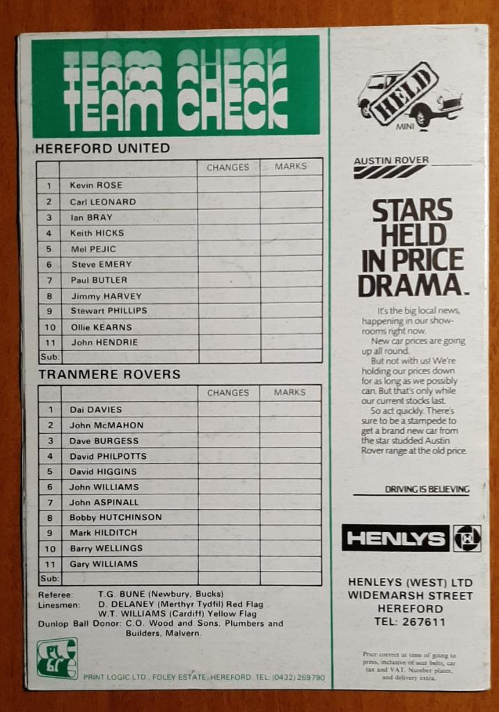 Hereford United - Tranmere Rovers 11.02.1984 Division Four 1