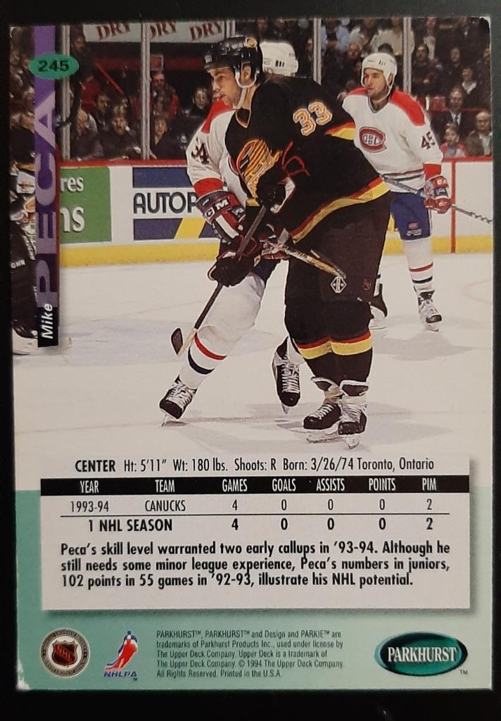 Хоккей НХЛ Майк Пека #245 Ванкувер Кэнакс 1