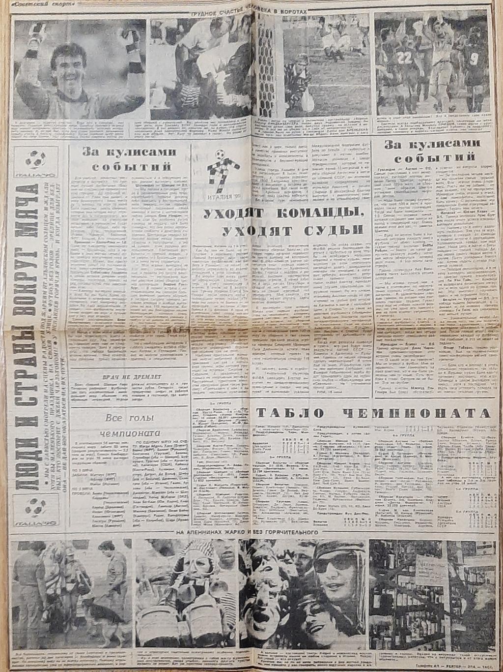 Вирізка з газети Советский спорт(19.06.1990) Матчі Чемпіонату світу 1990