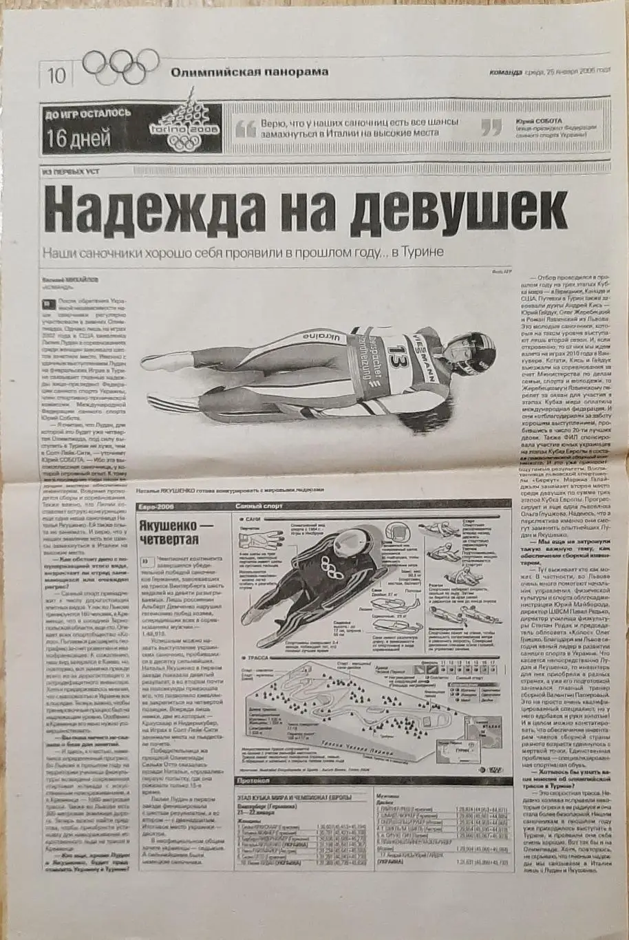 Вирізка з газети Команда (25.01.2006) Олімпійська панорама. Санний спорт