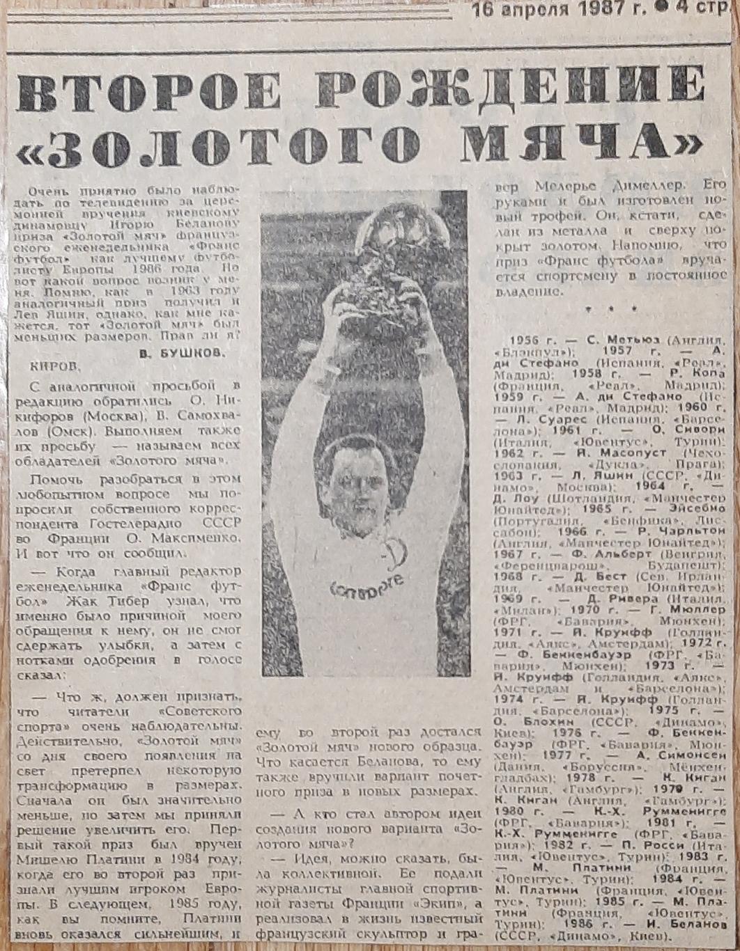 Вирізка з газети Советский спорт (18.04 1987)