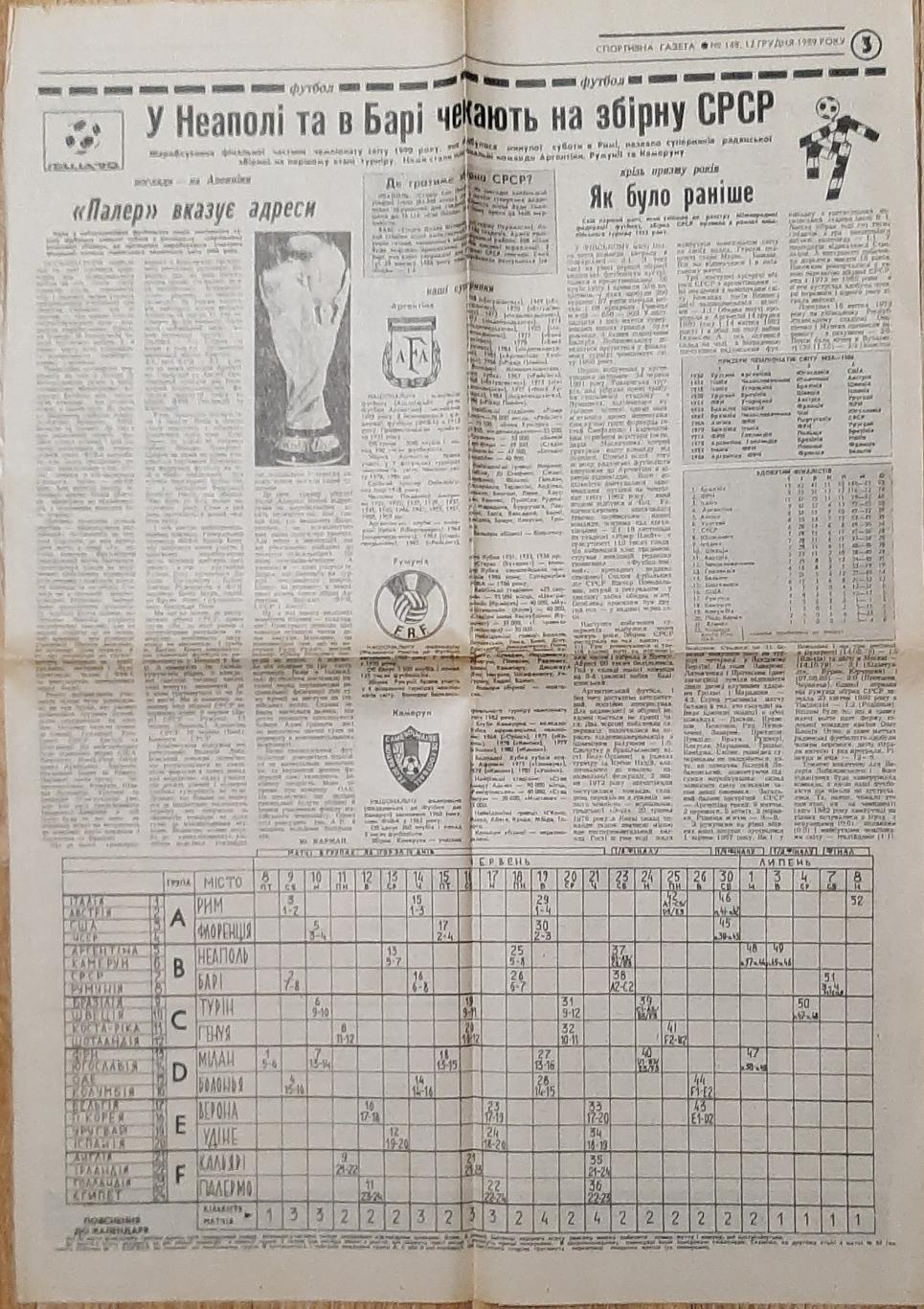 Вирізка зі Спортивної газети #148 (12.12.1989) зб.СРСР до Чемпіонату світу 1990