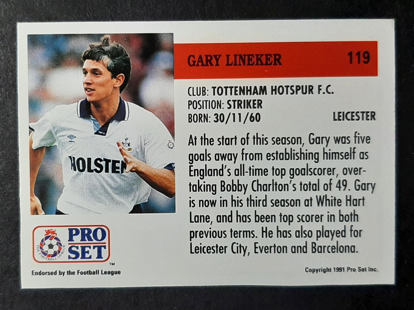 Gary Lineker/Гарі Лінекер #119 Tottenham Hotspur 1991( Pro Set) 1