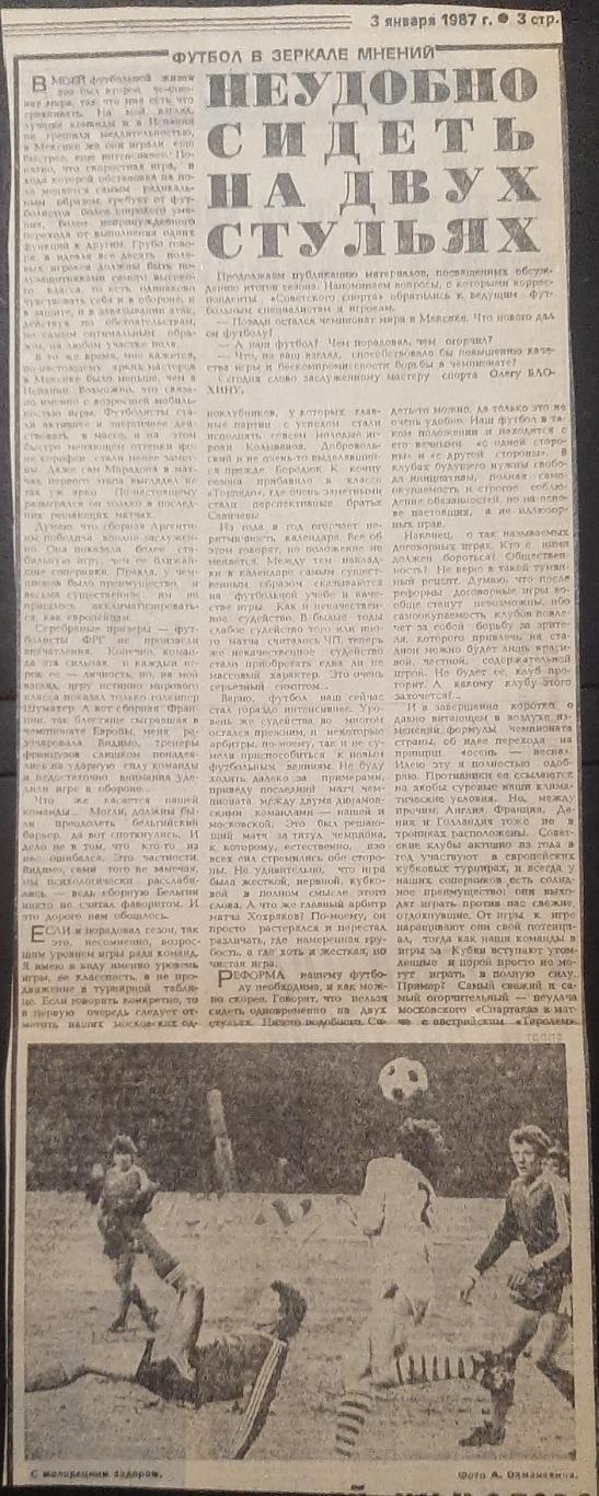 Вирізка з газети Советский спорт (3.01.1987) О.Блохін