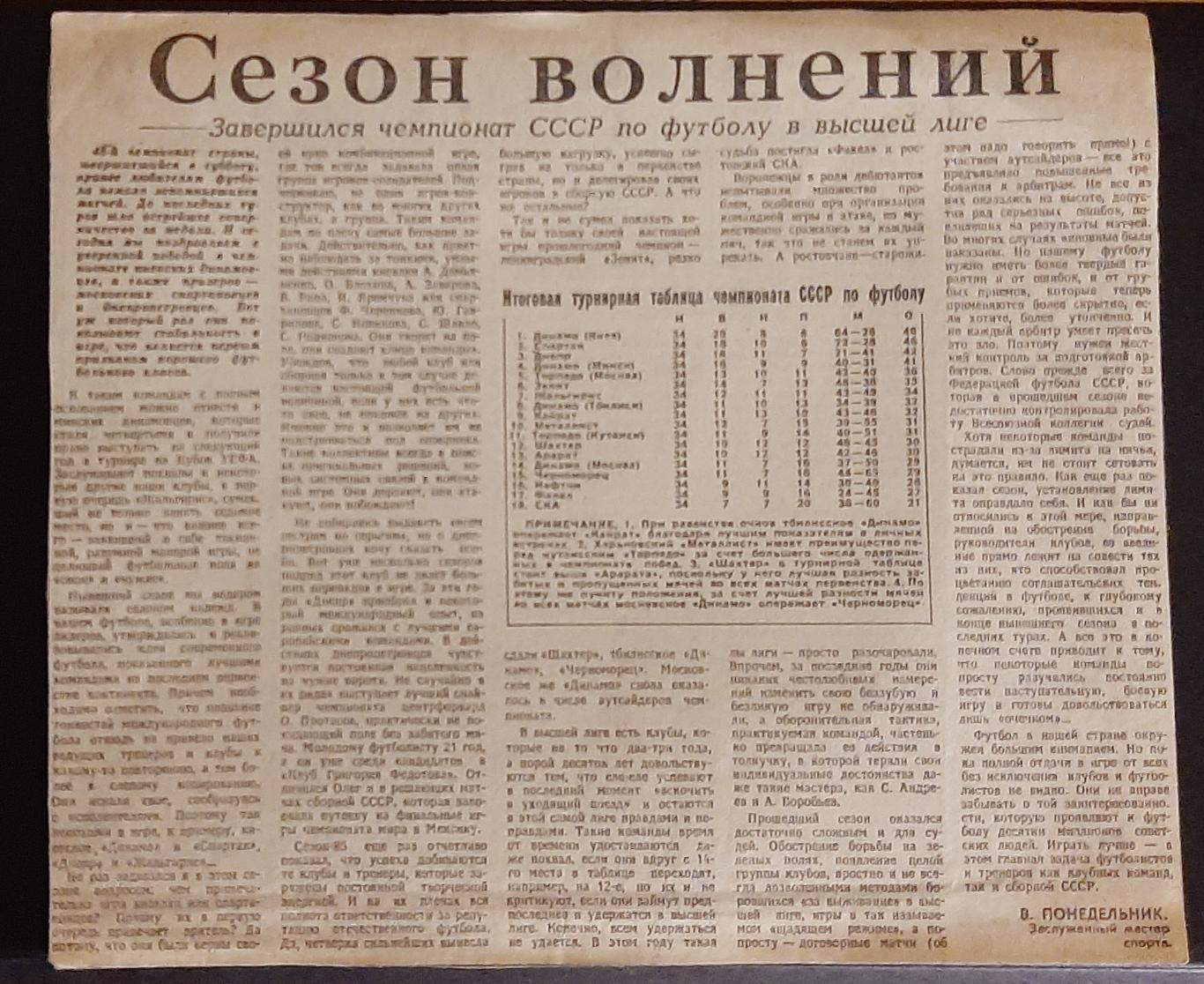 Вирізка з газети 1985 Завершення сезону