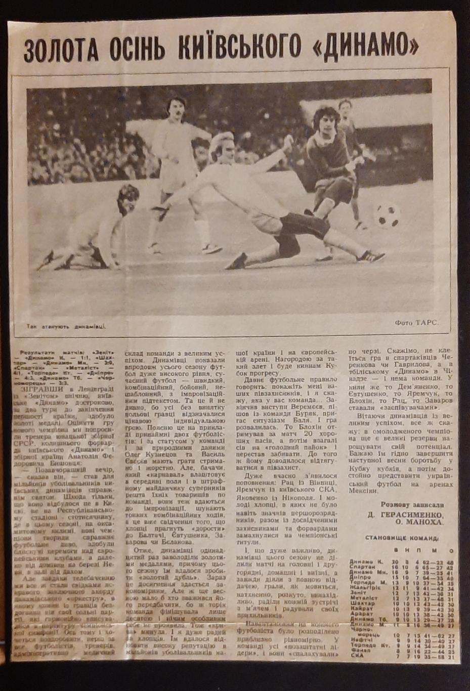 Вирізка з газети 1985 Золота осінь київського Динамо