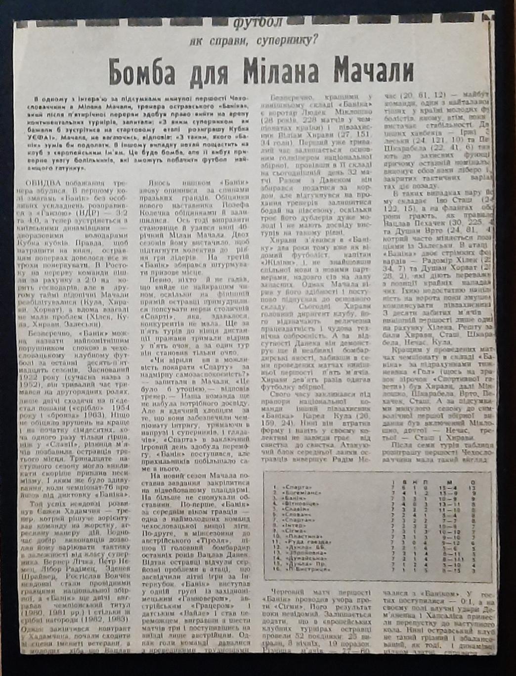 Вирізка зі Спортивної газети 1989 Бвнік суперник Динамо Київ