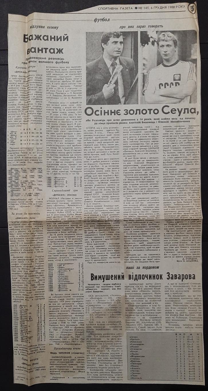 Вирізка зі Спортивної газети #145(6.12.1988) О Михайличенко
