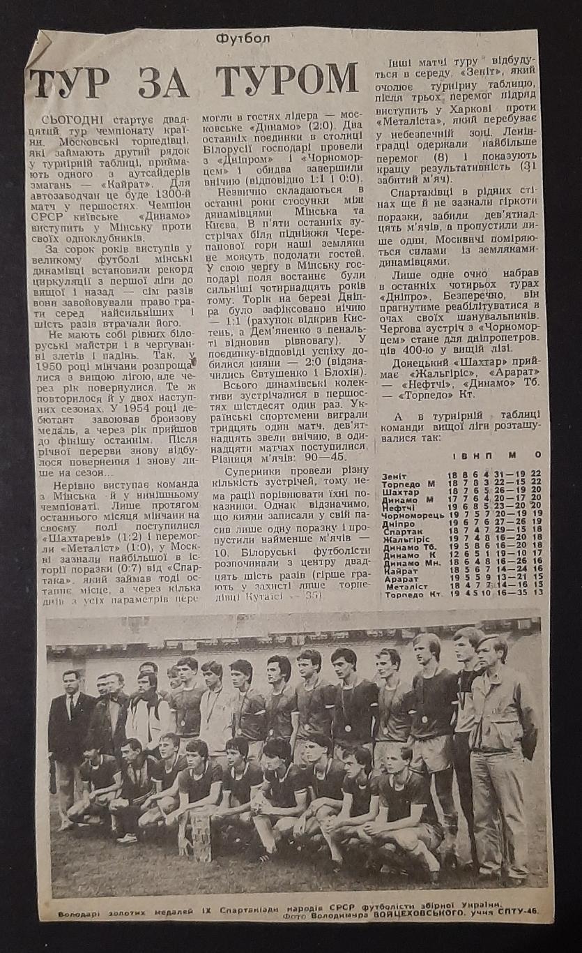 Вирізка з газети Вечірній Київ 1986 Тур за туром