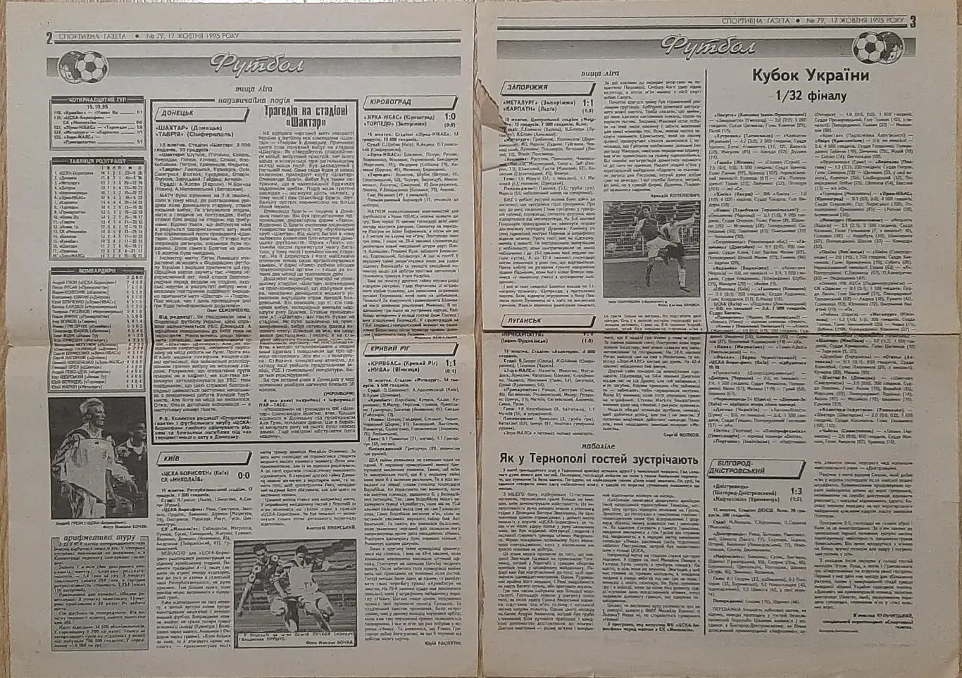 Вирізка зі Спортивної газети #79 (17.10.1995) Трагедія на стадіоні Шахтар 1