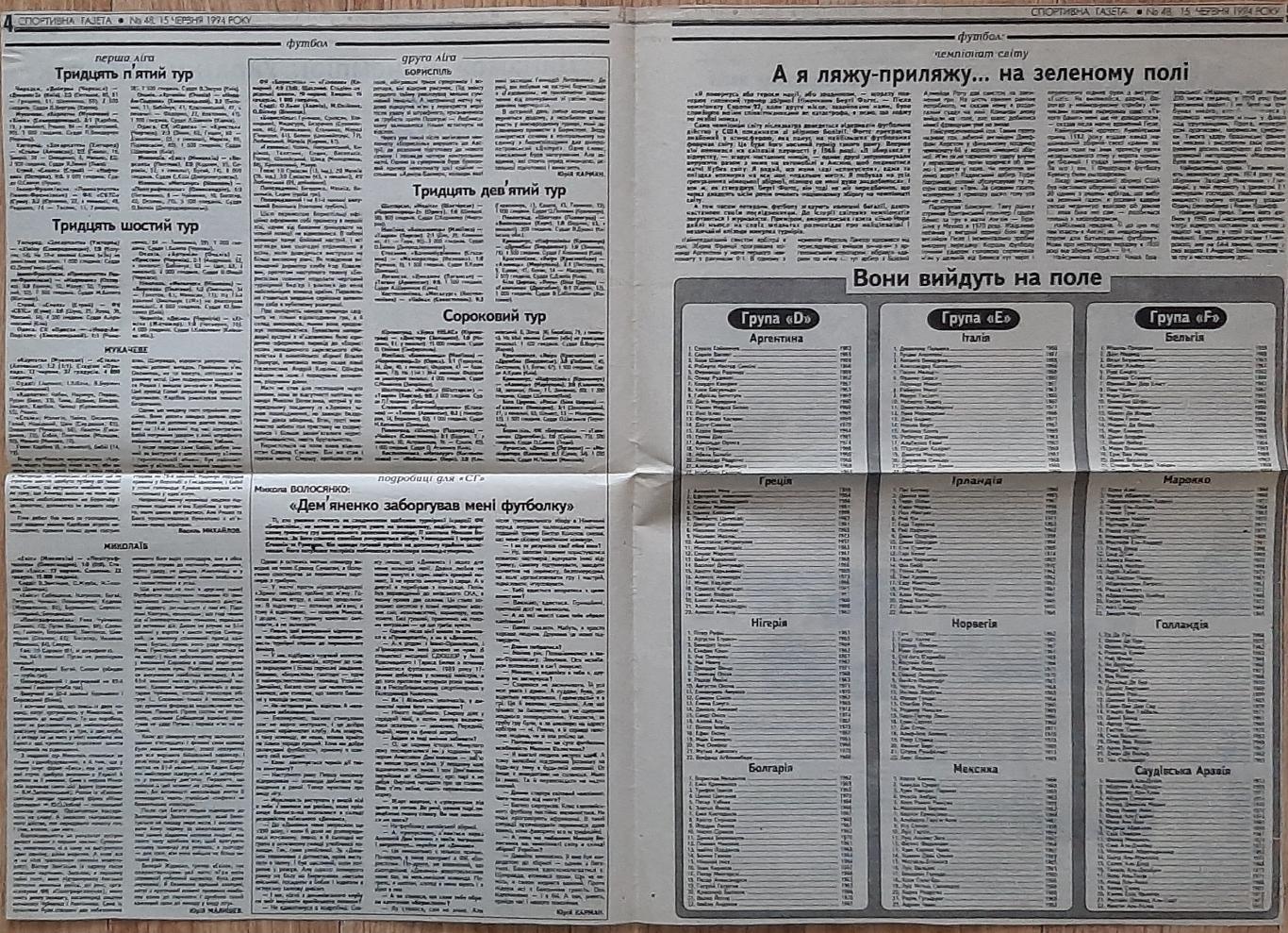 Вирізка зі Спортивної газети #48 (15.06.1994) Динамо Київ - чемпіон України 1994 1