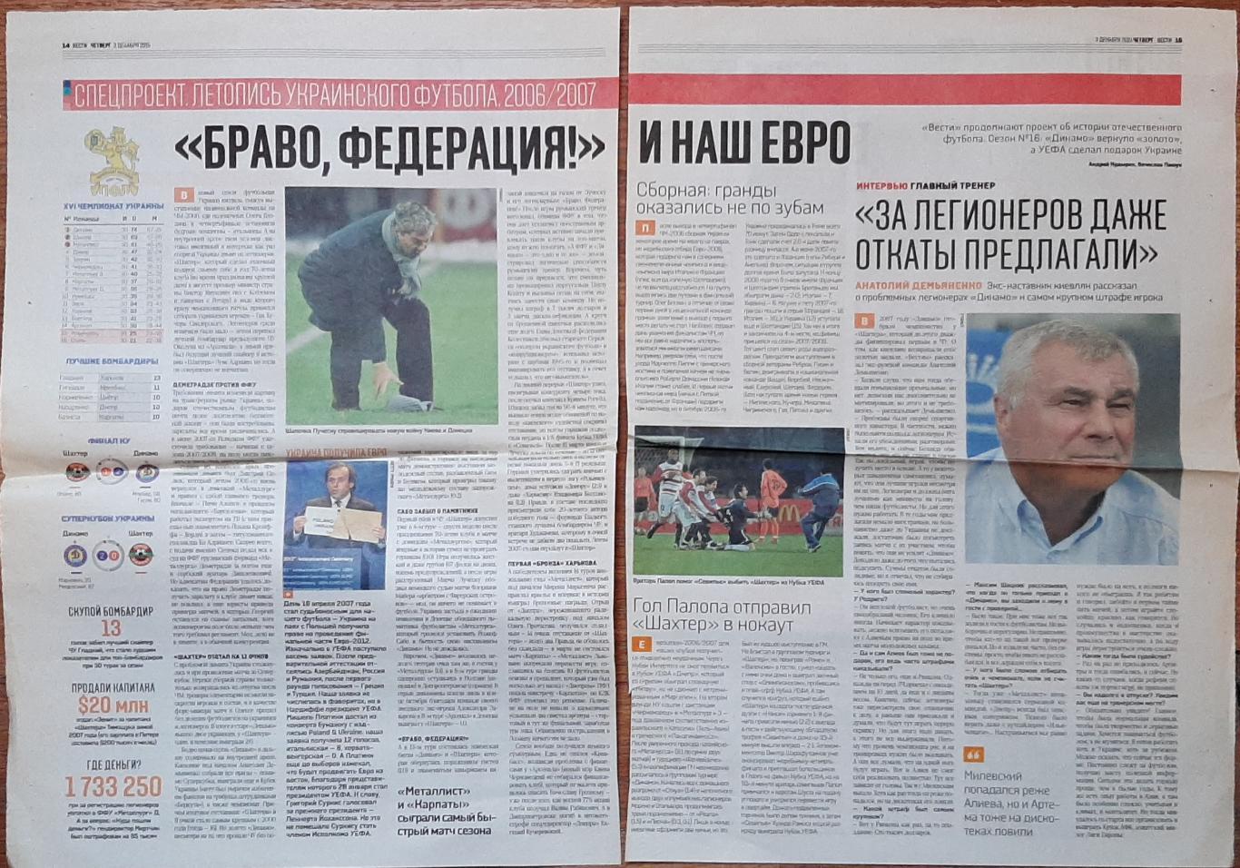 Вирізка з газети Вести 3.12.2015 Літопис українського футболу 2006/2007