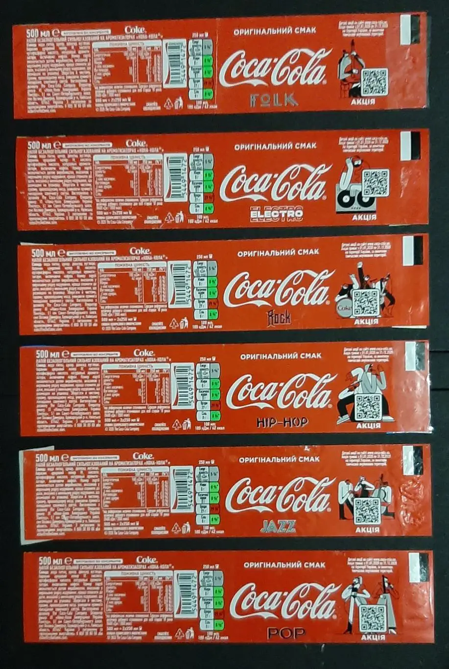 Етикетки Coca cola акція музика 2020 6 шт.