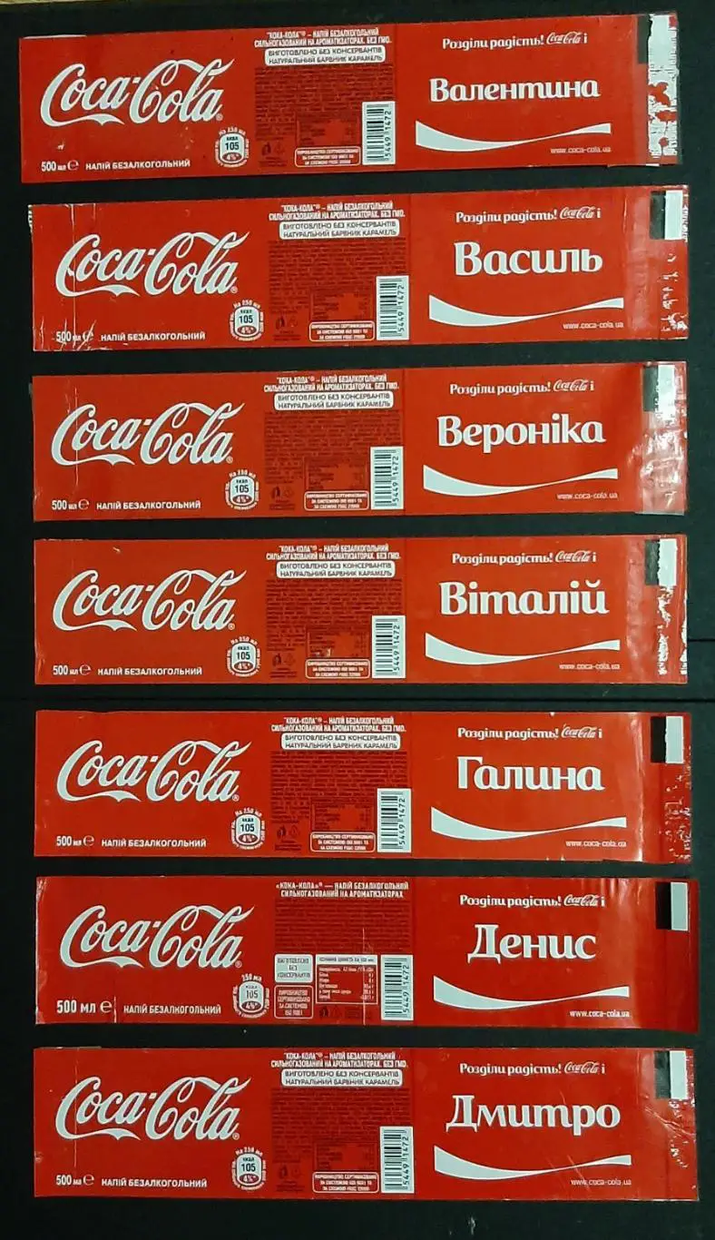 Етикетки Coca Cola Імена 7 шт.