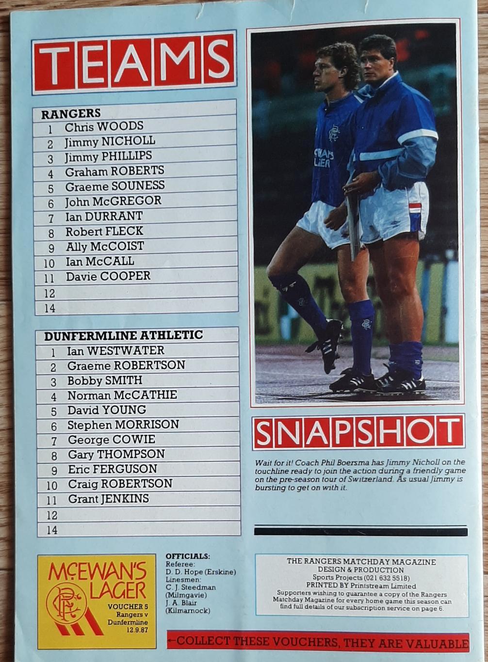 Rangers - Dunfermline Athletic 12.09.1987 Premier division 5