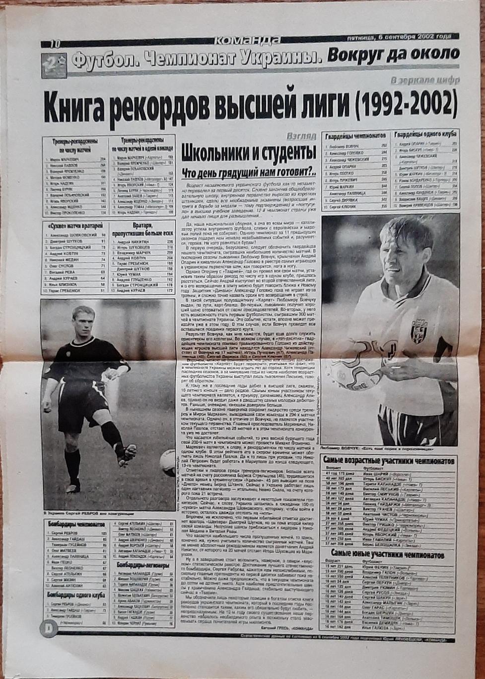 Вирізка з газети Команда (06.09.2002) Склади команд вищої ліги 2002/03 Україна 2