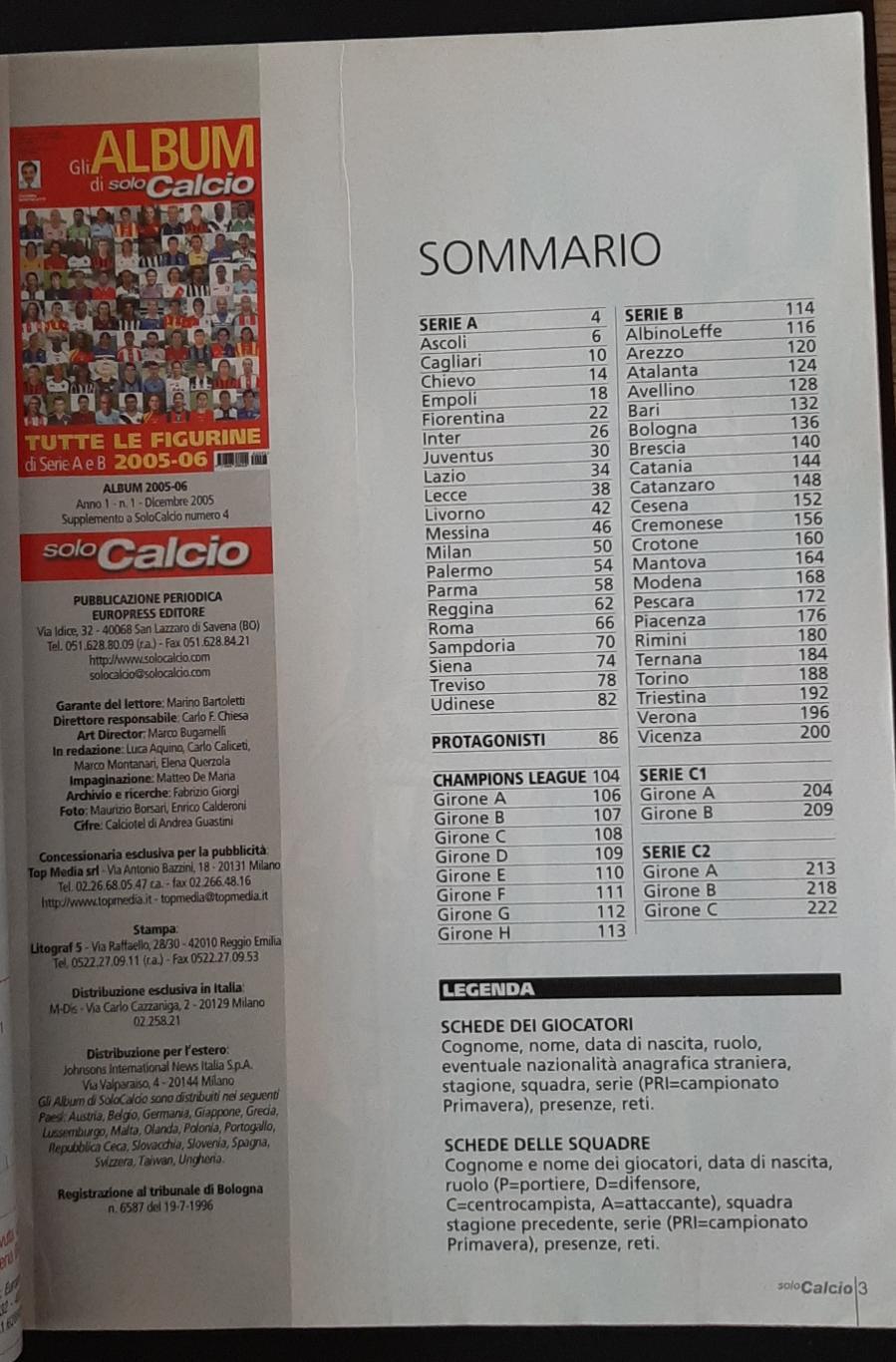 Album di solo Calcio 2005/06 Італія Фото гравців всіх команд Серії А і В 1