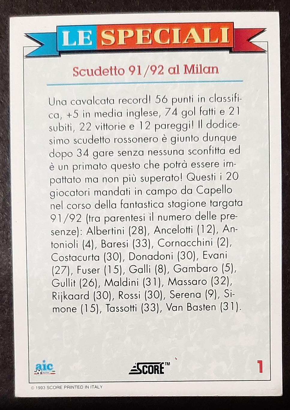 Футбол картка Score Мілан Чемпіон Італії 1991/92 1