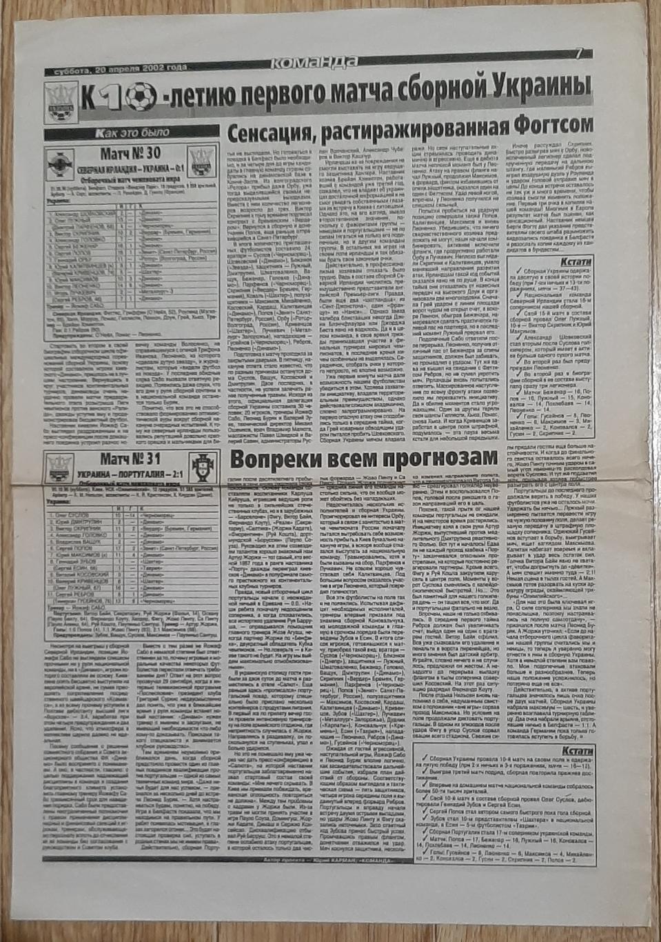 Вирізка з газети Команда 2002 До 10- річчя першого матчу збірної України #30.31