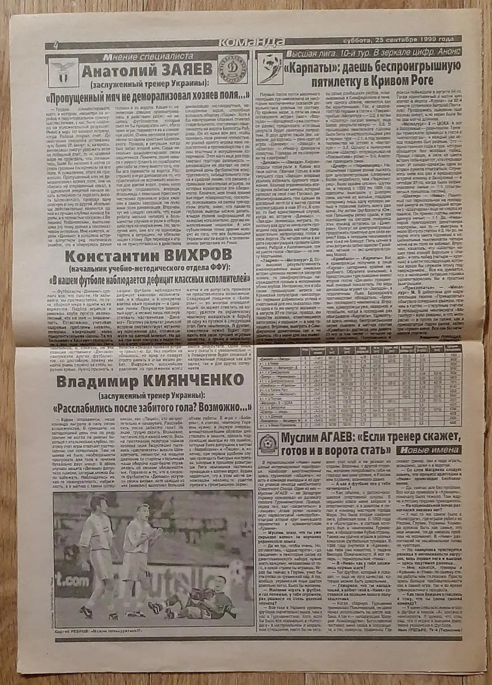 Вирізка з газети Команда #176 25.09.1999 Експертиза матчу Лаціо - Динамо Київ 2