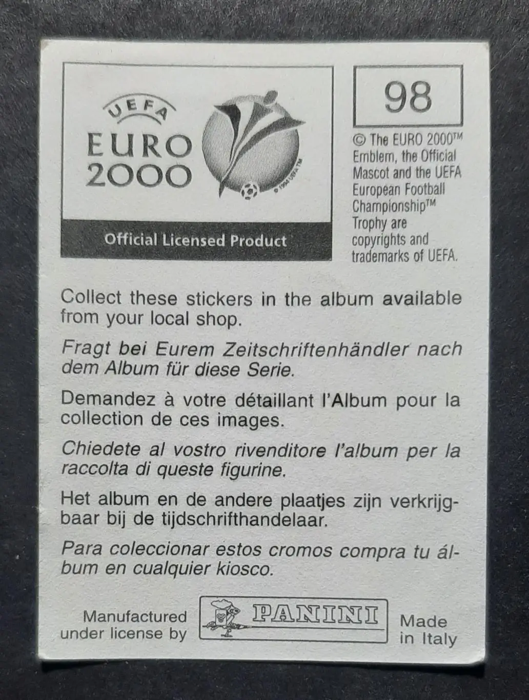 Наклейка Panini EURO 2000 Ronny Gaspercic / Ронні Гасперчич #98 Бельгія 1