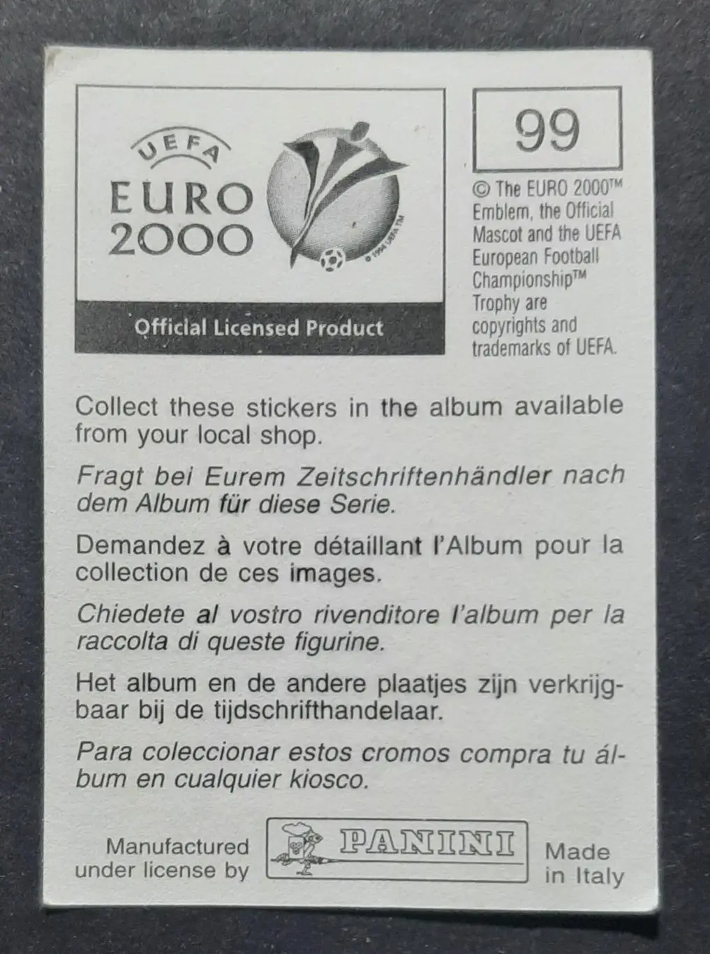 Наклейка Panini EURO 2000 Regis Genaus / Режіс Жено #99 Бельгія 1