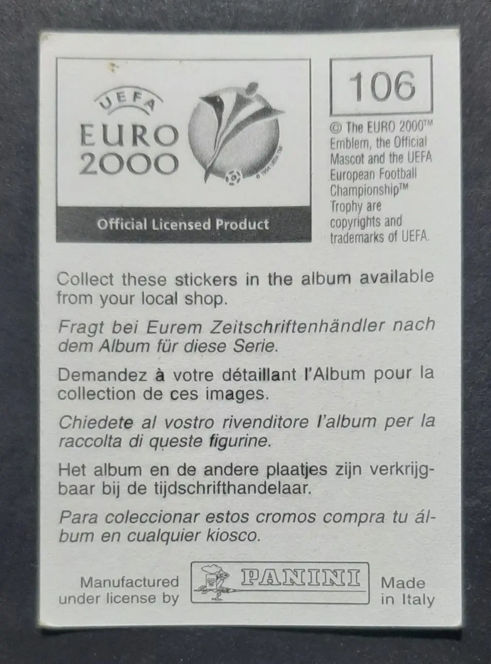 Наклейка Panini EURO 2000 Johan Walem / Йоган Валем Бельгія # 106 1