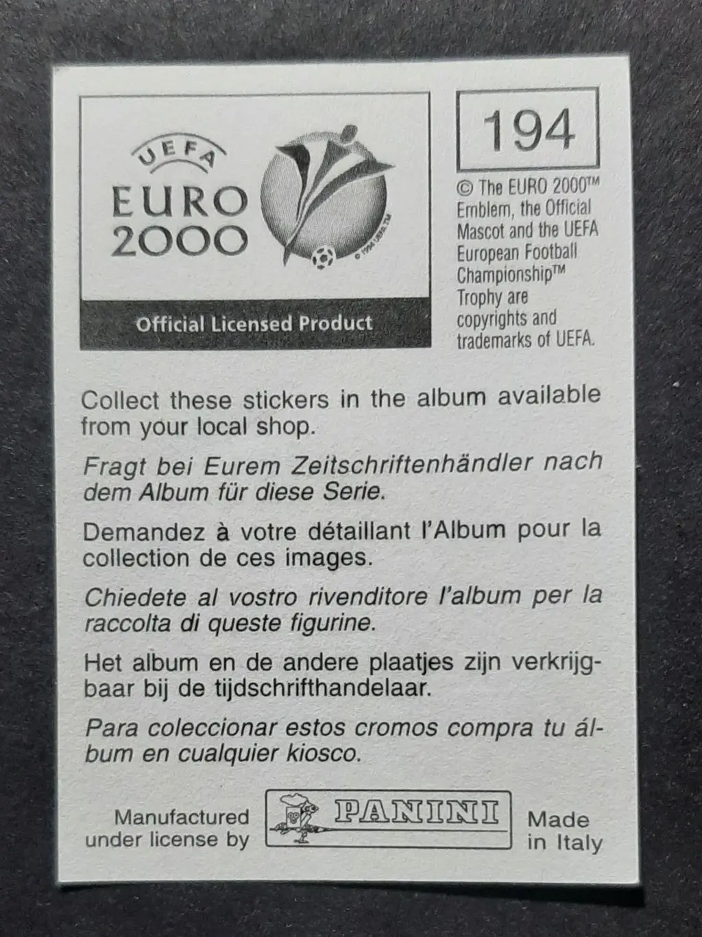 Наклейка Panini Sergi Barjuan / Серхі Бархуан #194 Іспанія EURO 2000 1