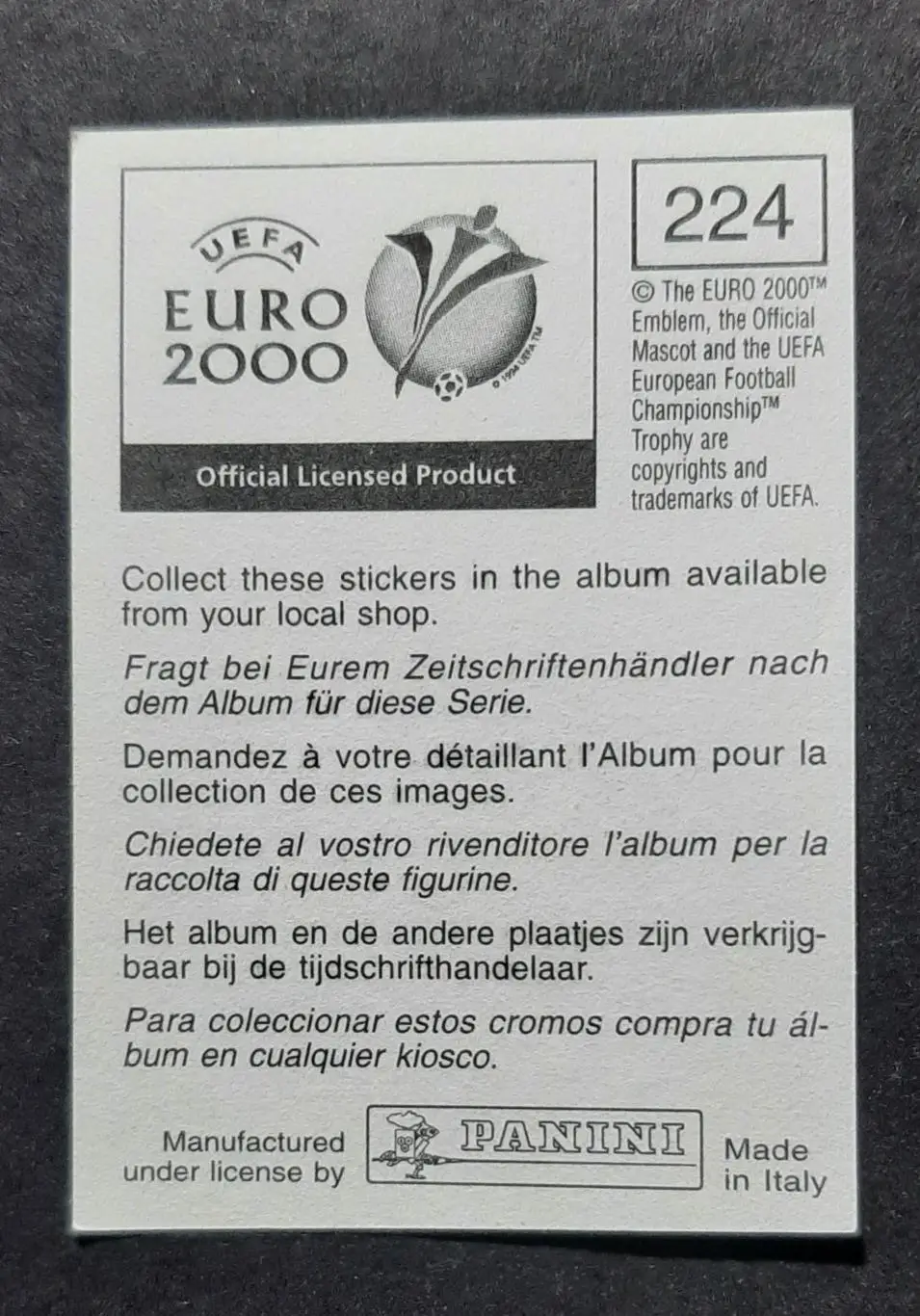 Наклейка Panini Dejan Stankovic / Деян Станкович #224 Сербія EURO 2000 1