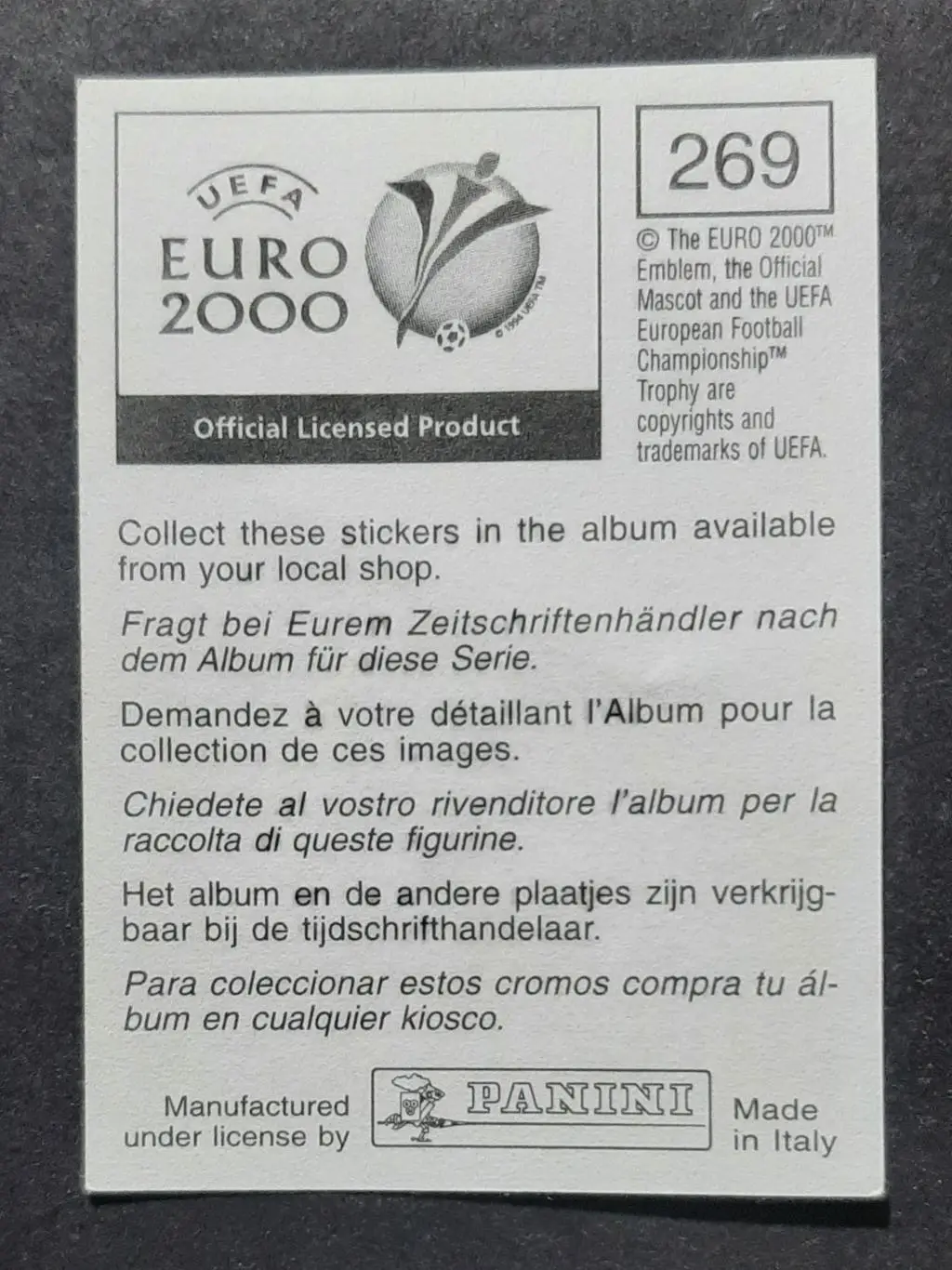 Наклейка Panini Saso Udovic / Сашо Удович #269 Словенія EURO 2000 1