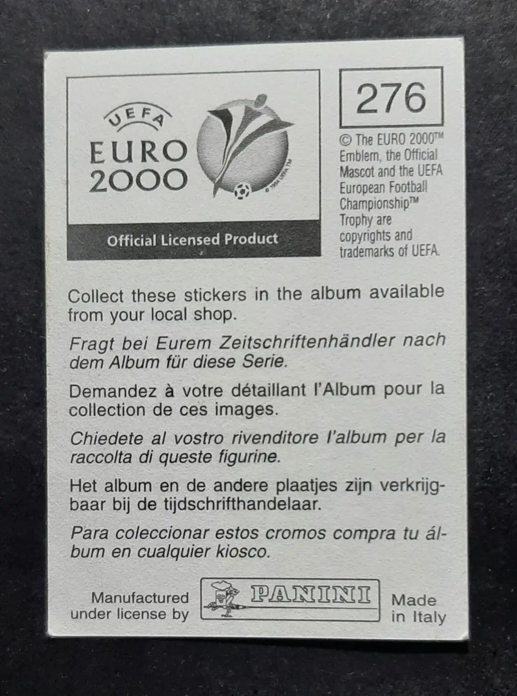 Наклейка Panini Frank De Boer / Франк Де Бур #276 Нідерланди Euro 2000 1