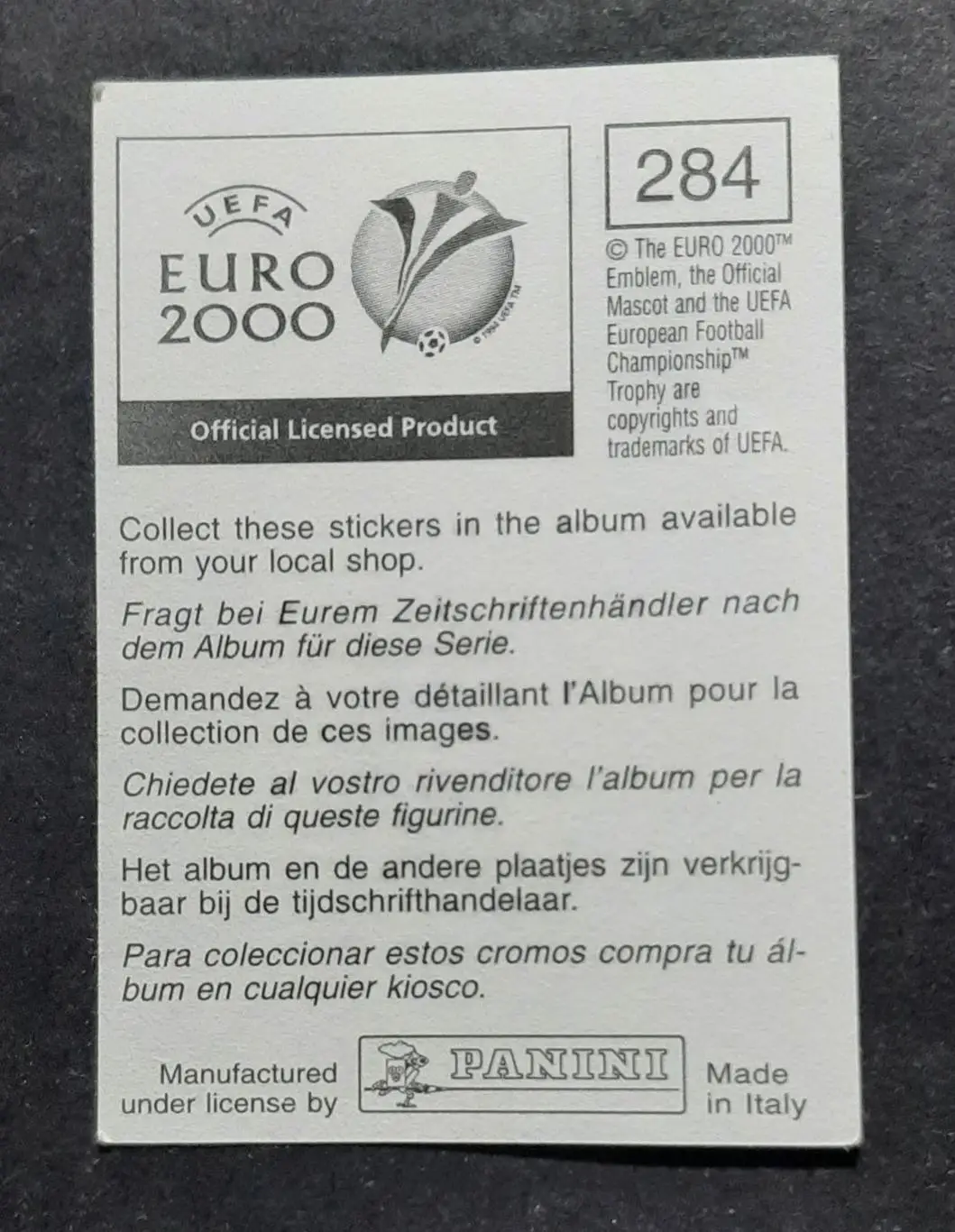 Наклейка Panini Giovanni van Bronckhorst / Джованні ван Бронгорст #284 EURO 2000 1