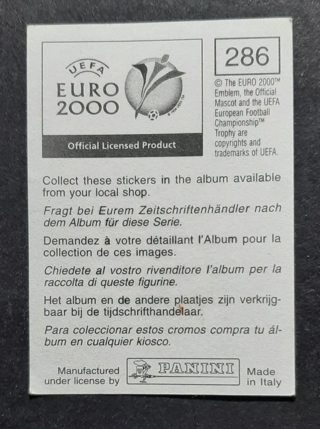 Наклейка Panini Boudewijn Zenden / Будевейн Зенден #286 Нідерланди EURO 2000 1