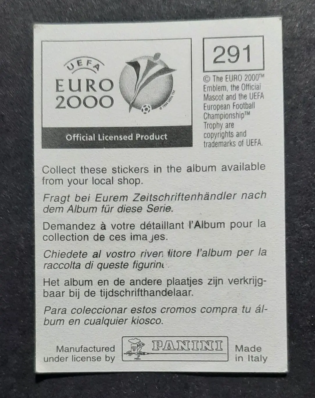 Наклейка Panini Peter van Vossen / Петер ван Воссен #291 Нідерланди EURO 2000 1