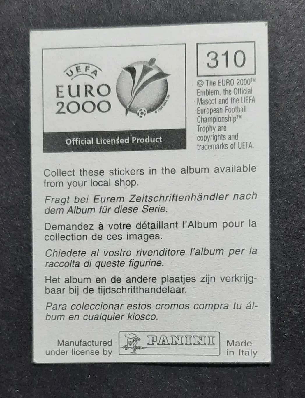 Наклейка Panini Radek Sloncik / Радек Слончик #310 Чехія EURO Евро2000 1