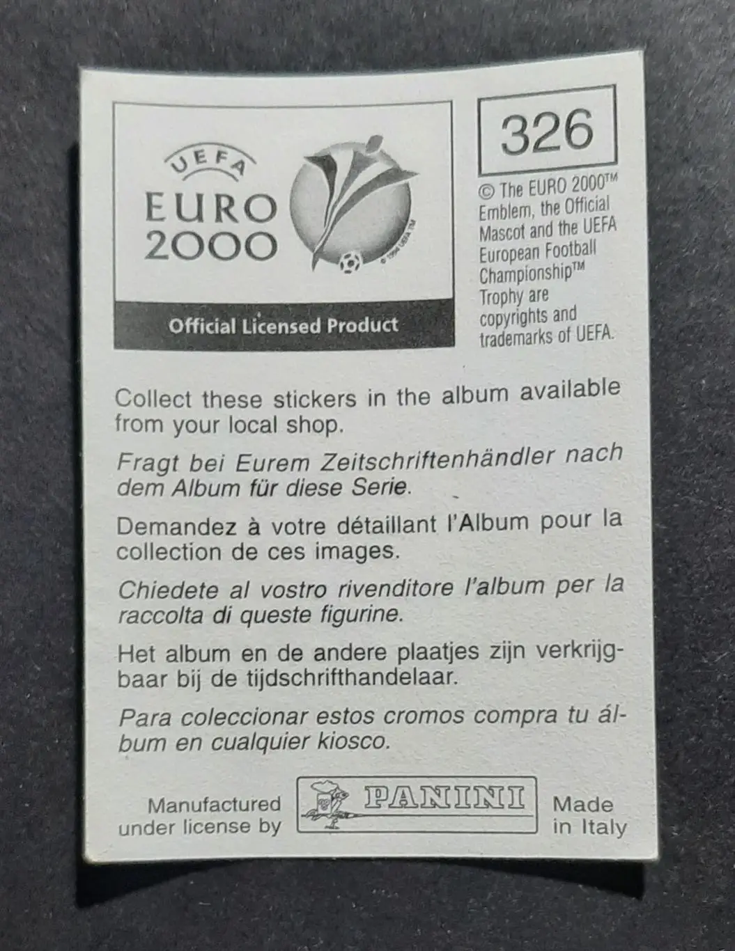 Наклейка Panini Thomas Helveg / Томас Гельвег #326 Данія EURO Евро 2000 1